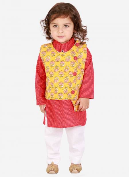 Yellow And Red Colour KID1 Boys Floral Jacket Kantha Kurta Pyjama Suit Kids Collection K20EB124YERD